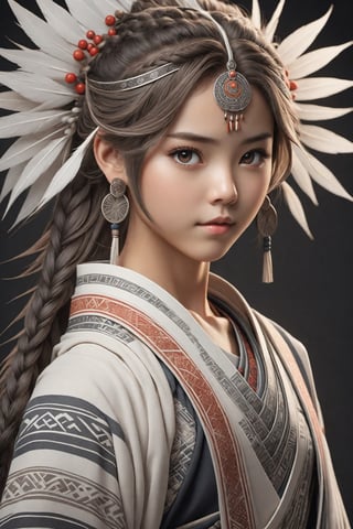 ((full body)) body_marking, highly detailed shot tribal version character of cute artist in Japanese Manga, masterpiece artwork, white accent, detailed face features, subtle gradients, extremely detailed, photorealistic, 8k, centered, perfect symmetrical, studio photography, muted color scheme, made with adobe illustrator, solid dark background 