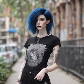 one Female Punk Rocker named Jill, pale skin color, Bold haircut, Black hair, piercing blue eyes, with Black faded Faded Red T-shirt, wearing Ripped Black Jeans