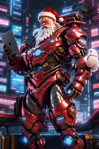 A Hi-Tech Santa Claus cyberpunk, body red painted like as the real outfit, fat body, glowing look, full shining suit, body, hues.,steampunk style,cyberpunk style,mecha, perfect custom Hi-Tech suit, holding big tablet to surfing internet,Mechanical part,Enhanced All