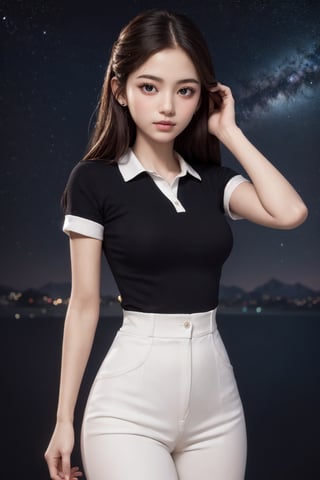 A masterpiece of serenity: an 18-year-old Italian girl, donning a pristine school uniform, poses solo beneath the night's canvas of twinkling stars. Her milky-white skin glows in the soft light, as her exquisite features - delicate and beautiful - seem to shimmer with an otherworldly essence. The gentle starlight dances across her facial contours, accentuating the intricate details of her eyes, as she stands serene and radiant against the velvety blackness.