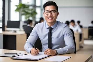 ((Full Shot)), ID CORPORATE PHOTO of a male office worker, exuding both professionalism and grace, SMILE., VIETNAMESE