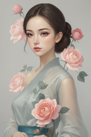 Create a modern-styled sketch portrait in silk textured paper of a gentle lady inspired by roses and love, utilizing the vibrant color palettes and sleek lines reminiscent of the works by Chinese contemporary artist Zhang Xiaogang, background is full of roses abstracts,chinese_painting