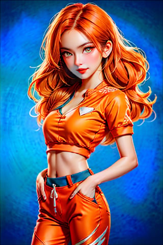 (1 cute girl:1.5), (pretty girl), loose hair, (orange hair:1.5), beautiful eyes, symmetrical, detailed, (eyelashes:1.2), (aegyo sal makeup:1.2), bright smile, (red lips:1.3), (detailed face), (small breasts:1.3) (toned belly:1.3), (wearing top:1.5), (capri sweatpants:1.5), (hands in pockets:1.5 ), immersive background, volumetric haze, global illumination, soft lights, natural lighting, (realistic:1.5), (4k, digital art, masterpiece), high detail digital painting, lifelike, (highest quality), (soft shadows), (best character graphics), ultrahigh resolution, highly detailed digital graphics, physics-based rendering, realism with an artistic flair, vibrant colors, f2.2 lens, soft palette, natural beauty.,RedHoodWaifu,Daughter of Dragon,Sugar babe 