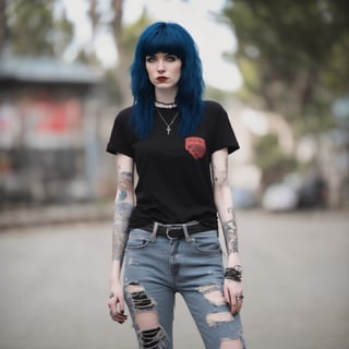 one Female Punk Rocker named Jill, pale skin color, Bold haircut, Black hair, piercing blue eyes, with Black faded Faded Red T-shirt, wearing Ripped Black Jeans