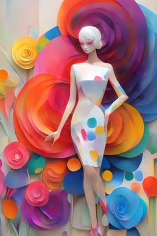 Create a modern-styled sketch portrait in silk textured paper of a gentle lady inspired by roses and love, utilizing the vibrant color palettes and sleek lines reminiscent of the works by Chinese contemporary artist Zhang Xiaogang, background is full of roses abstracts,xxmix_girl,Enhanced All,Long Legs and Hot Body,Vibrant colors palettes,Vietgirl