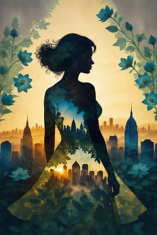a photograph of a double exposure of a woman standing in front of a city skyline, her silhouette filled with the intricate details of botanical illustrations. The flowers matched her dress, transforming her into a powerful nature goddess with the concrete jungle at her command.,Replay1988,Melody,Perfect skin