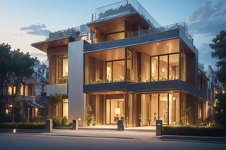 (best quality, masterpiece, high_resolution:1.5), a house town villa in Hanoi, Vietnam with wonderful and luxury exterior designing by Zaha Hadid. Glass and led lighting make the facede of this 3 layers house look awesome .,1 girl,Wonder of Art and Beauty