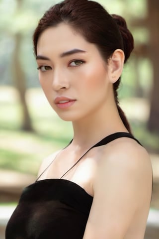 1girl, solo, looking at viewer, brown hair, black hair, dress, brown eyes, upper body, multicolored hair, sleeveless, hair bun, black dress, lips, freckles, super white and smooth detail skin, ready tu fuck, realistic,Daughter of Dragon,Perfect skin,Vietgirl