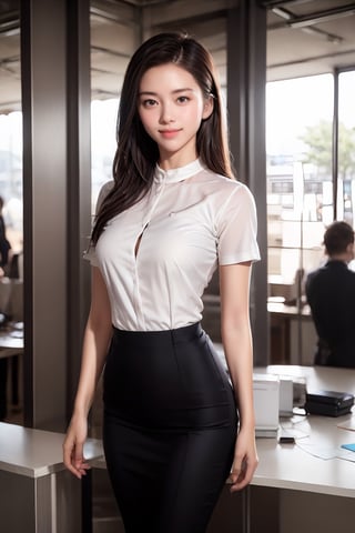 ((Full Shot)), ID CORPORATE PHOTO of a female office worker, exuding both professionalism and grace, SMILE., VIETNAMESE,Enhanced All,Perfect skin,FilmGirl,(((masterpiece))), (((best quality))), ((ultra-detailed)), (illustration), ((an extremely delicate and beautiful)),