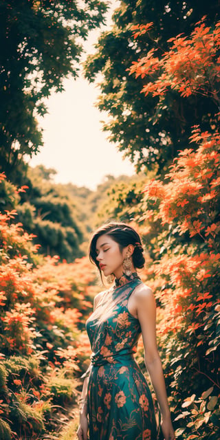 woman, flower dress, colorful, darl background,flower armor,green theme,exposure blend, medium shot, bokeh, (hdr:1.4), high contrast, (cinematic, teal and orange:0.85), (muted colors, dim colors, soothing tones:1.3), low saturation