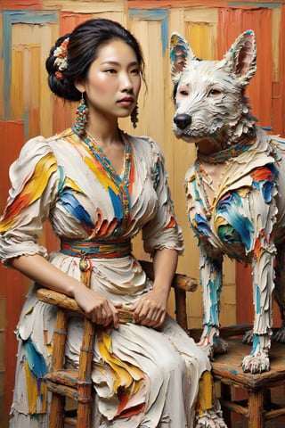 A digital blend of the talents of the great painters in history, Leonard da Vinco, Picasso, van Gogh together create a picture of a Chinese woman, wearing a European-style white dress, wearing a collar made of African-style dog bones, a haughty face, dreamy full of fantasy,ais-acrylicz