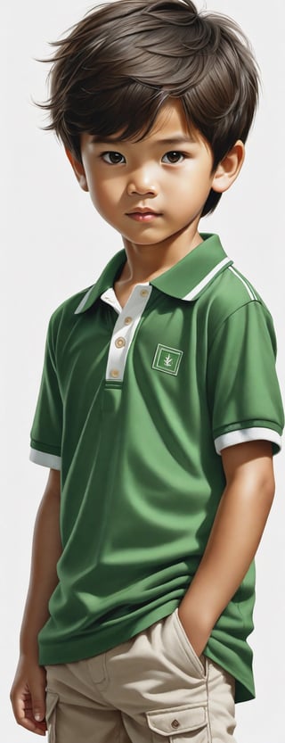 ((full body)) body_marking, highly detailed shot tribal version character of cute handsome Vietnamese boy kid in all-green-polo-shirt has a big hashtag "#TDNM", masterpiece artwork, white accent, detailed face features, subtle gradients, extremely detailed, photorealistic, 8k, centered, perfect symmetrical, studio photography, muted color scheme, made with adobe illustrator, solid dark background 