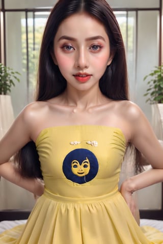 same face aria name girl, head to toe, round face, Indian bengali girl, Instagram influencer, black long hair, glossy juicy lips,blue eyes cute,  18-year-old girl, wearing yellow punjabi dress,( playing with small cute 5 years old another cute girl at home, very cute girl sweet and innocent girl )