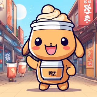 Chibi Mascot with head of a milk tea, wearing t-shirt that says "MILKTEA",  holding a MILKTEA,Split lighting