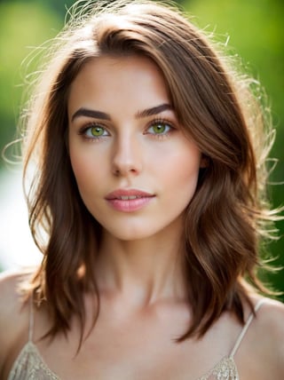 portrait of a young woman. she is looking up at the camera. her shoulder length brown hair frames her face. she is confident. natural beauty. beautiful green eyes with a little brown ring in her iris. catchlights in the eyes. full lips. The image has a neutral color tone with natural light setting. f/5.6 50mm, close-up, sharp focus, (Best Quality:1.4), (Ultra realistic, Ultra high res), Highly detailed, Professional Photography