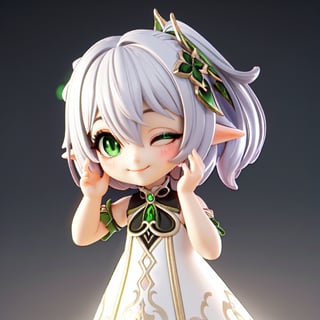 nahida \(genshin impact\), chibi, 3d, render, pvc, (right ponitail), green eyes, one eye closed, smile, high lights, light aura, best quality, masterpiece, a very delicate and beautiful, (one little and cute girl at the center:1.2), (solo:1.3), outdoors