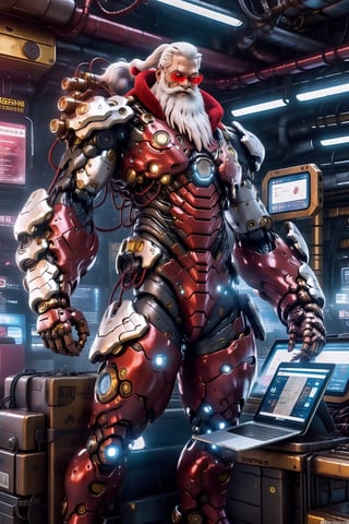 A Hi-Tech Santa Claus cyberpunk, body red and white painted like as the real outfit, fat body, glowing look, full shining suit, body, hues.,steampunk style,cyberpunk style,mecha, perfect custom Hi-Tech suit, holding big tablet to surfing internet,Mechanical part,Enhanced All