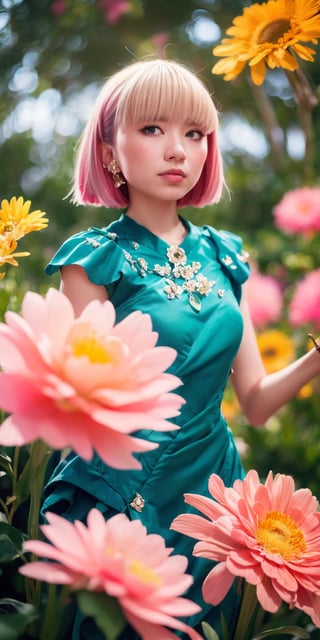 woman, flower dress, colorful, bright background,flower armor,green theme,exposure blend, medium shot, bokeh, (hdr:1.4), high contrast, (cinematic, teal and orange:0.85), (muted colors, dim colors, soothing tones:1.3), low saturation,wonder beauty ,Wonder of Art and Beauty
