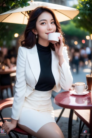 paris,street,outdoor cafe,parasol,table((coffee cups(straw),laptop,book,cellphone)),shoulder bag,
20 yo, 1 girl, beautiful korean girl,happy smile,drinking coffee,sitting(close legs) on the chair,
wearing white tight suit(laced blouse and jacket), tight short skirt,solo, {beautiful and detailed eyes}, dark eyes, calm expression, delicate facial features, ((model pose)), Glamor body type, (dark hair:1.2),hair_past_waist,curly hair,very long hair,simple tiny earrings, flim grain, realhands, masterpiece, Best Quality, 16k, photorealistic, ultra-detailed, finely detailed, high resolution, perfect dynamic composition, beautiful detailed eyes, eye smile, ((nervous and embarrassed)), sharp-focus, full_body, cowboy_shot,