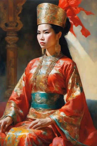 detailed full-length picture, masterpiece, best quality, ultra high resolution, visually stunning, beautiful, award-winning art (abstract art: 1.3), beautiful ))), oil painting portrait of a  pretty Vietnamese ancient female general in traditional outfit - , , detailed face, whole body, Watercolor, trending on artstation, sharp focus, studio photo, intricate details, highly detailed, by greg rutkowski, more detail XL, hyper detailed, realistic, oil painting, by julie bell, frank frazetta, cinematic lighting,Vietgirl,Worldwide trending artwork,art by sargent