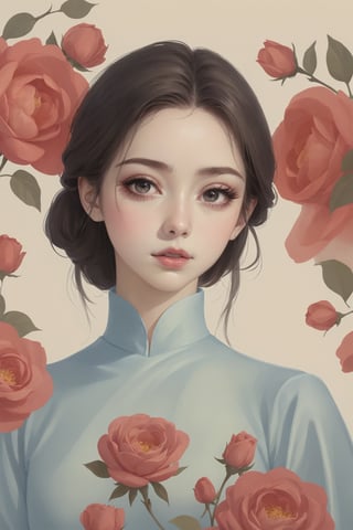 Create a modern-styled sketch portrait in silk textured paper of a gentle lady inspired by roses and love, utilizing the vibrant color palettes and sleek lines reminiscent of the works by Chinese contemporary artist Zhang Xiaogang, background is full of roses abstracts,chinese_painting