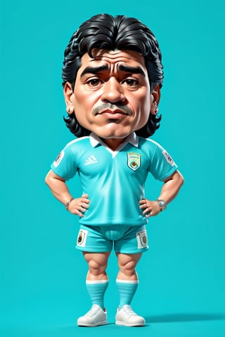 Caricature figure of Diego Maradona, head, legs, feet, wearing Baby newborn clothes, teal dimentional background, high-res,Wonder of Art and Beauty,3DMM,3d style,Enhanced All,Pure Beauty