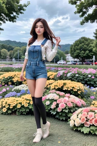 background is flower field,grass field,horizon,wind blowing,petals blowing,16 yo, 1 girl, beautiful girl,smile, wearing denim overalls skirt,long socks,standing on flower field,holding buquet, cowboy shot,very_long_hair, hair past hip, bangs, curly hair, realhands, masterpiece, Best Quality, 16k, photorealistic, ultra-detailed, finely detailed, high resolution, perfect dynamic composition, beautiful detailed eyes, ((nervous and embarrassed)), sharp-focus, full body shot,pink flower,flower.,Hyper,Attractive Vietnamese Girl,Sugar babe ,Young beauty spirit 