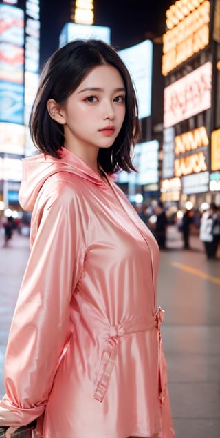 Ultra-high resolution, cinematic lighting,Woman wearing pink raincoat in Times Square,xxmix_girl,more detail XL, blue medium hair, mexican