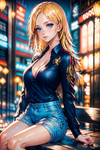 1girl, solo, long hair, breasts, looking at viewer, blue eyes, blonde hair, shirt, long sleeves, cleavage, medium breasts, sitting, closed mouth, jacket, multicolored hair, outdoors, open clothes, shorts, day, collared shirt, blurry, lips, black shirt, short shorts, eyelashes, blurry background, arm support, white jacket, freckles, blue shorts, realistic, bench,JeeSoo ,Charm of beauty,Eurasian,Timeless beauty