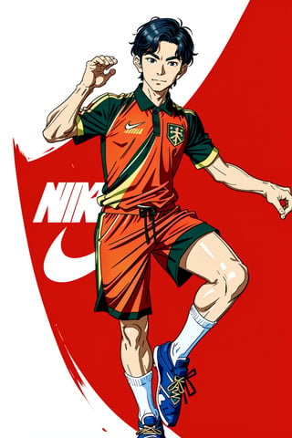 Masterpiece, best quality, 8k, Caricature figure of 1young Vietnamese soccer player, wears Vietnam national football team uniform (all red, in designed style of Nike), background is solid red includes only 1 big golden star