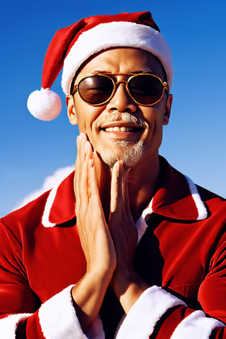 Highly detailed, High Quality, Masterpiece, beautiful, FeelsGood, closed eyes, solo, Handsome-santa, asian, sunglasses,  ,FeelsGood,realistic