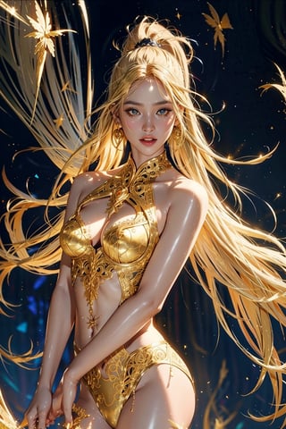 2.5D drawing, sexy 18 year old girl wearing golden magic clothing, golden blond hair, shiny ebony-golden clothes, illuminating, lightshow, (visual art, abstract:1.2), fantasy, (photorealistic:1.3), (intricate details:1.5), shallow depth of field, bokeh, Digital illustration, Fantasy, AgoonGirl, 1 girl, ,Young beauty spirit 
