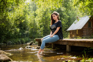 ((18yo teen)), beautiful girl, hourglass body, smooth skins, wet, long legs, big t-shirt, mini jeans, top shot, bun hair, Cabin in the woods, photorealistic, hyper-detailed, best quality, ultra-high resolution, HDR, 8k ,Perfect Sun Lighting