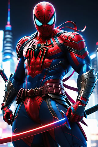Spiderman with Samurai style 1-10, saber, neon colors, full body, facing camera, hero pose, looking at viewer, 3D rendering, muscles, detailed thick edges, perfect body, detailed with armor and neon cybernetics Blue, red , night city background, intricately detailed, hdr, 8k, subsurface scattering, specular lighting, high resolution, octane rendering, neon ray tracing,