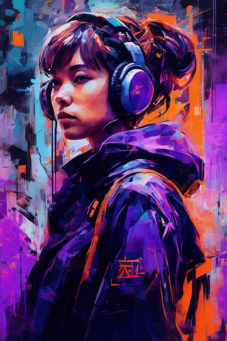 Neon colors, ((2 tone)), (orange and purple:1.4) , simplified shapes, figurative, style mix of acrylic painting, watercolor, oil painting, photography, digital art,   brush strokes, dark color pop, a gorgeous young woman , cyberpunk , highly detailed , ultra detailed, very intricate, low poly, abstract surreal, Kanji , Katakana ,  niji style, graffiti style,  comics style, anime style
