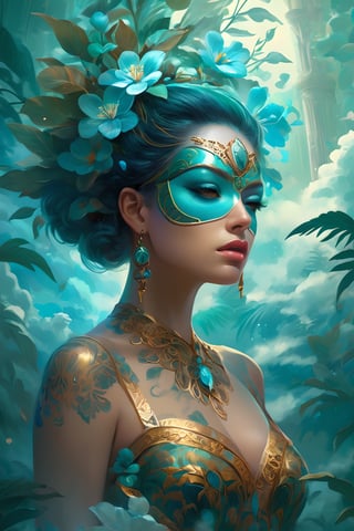 (Fantasy style),  ((extremely detailed illustration)),  highres,  (extremely detailed and beautiful),  ultra detailed painting,  professional illustrasion,  Ultra-precise depiction,  Ultra-detailed depiction,  (beautiful and aesthetic:1.2),  HDR,  (depth of field:1.4),  a  jade flower,  beautiful leaf,  beautiful forest,  cyan and gold details,  light pop colors,  sparkled over then,  many colors,  split-color cyan,  clouds of smoke ,  tattoos, (black mask:1.2)