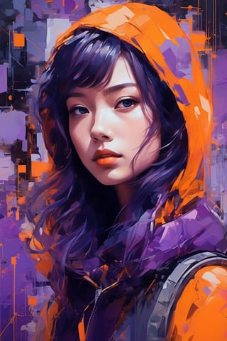 aesthetic, ((2 tone)), (orange and purple:1.4) , simplified shapes, figurative, style mix of acrylic painting, watercolor, oil painting, photography, digital art,   brush strokes, dark color pop, a gorgeous young woman , cyberpunk , highly detailed , ultra detailed, very intricate, low poly, abstract surreal, Kanji , Katakana ,  niji style, graffiti style,  comics style, anime style