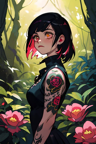 (Fantasy style),  ((extremely detailed illustration)),  highres,  (extremely detailed and beautiful),  ultra detailed painting,  professional illustrasion,  Ultra-precise depiction,  Ultra-detailed depiction,  (beautiful and aesthetic:1.2),  HDR,  (depth of field:1.4),  a punk girl in the forest,  sadness expression,  beautiful forest,  black details,  neo pop theme,  sparkled over then,  many colors,  split-color ruby,  gold flowers,  tattoos inked