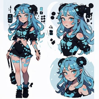CharacterSheet,Girl with long blue hair, sweet,   black_shirt,Multiple poss, varieties expressions,Highly detailed,Depth,Many parts, multiple views, character_sheet