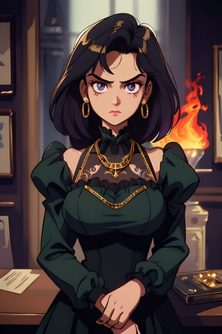 (Victorian style),  ((extremely detailed),  highres,  (extremely detailed and beautiful),  perfect eyes,  ultra detailed painting,  professional,  Ultra-precise depiction,  Ultra-detailed depiction,  (beautiful and aesthetic:1.2),  HDR,  (depth of field:1.4),  a gangster girl in the city,  sarcastic expression,  beautiful city,  purple details,  intimidating theme,  money over then,  many colors,  split-color Emerald,  gold chains,  Fire tattoos