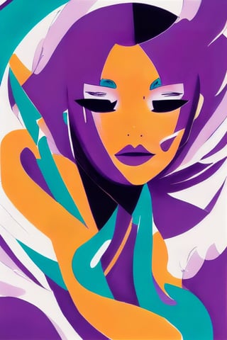 aesthetic, ((2 tone)), (orange and purple:1.4) , simplified shapes, figurative, style mix of acrylic painting, watercolor, oil painting, photography, digital art,   brush strokes, dark color pop, a gorgeous young woman , cyberpunk , highly detailed , ultra detailed, very intricate, low poly, abstract surreal, Kanji , Katakana ,  niji style, graffiti style,  comics style, anime style