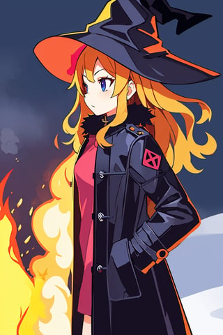 (best quality,  masterpiece),  1girl,  winter,  coat,  fire witch
