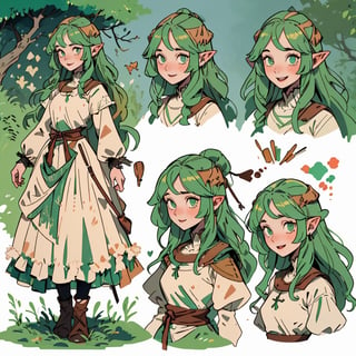 Charactersheet,Girl with long green hair, happy, sweet,  medieval dress,Multiple poss and expressions,Highly detailed,Depth,Many parts, multiple views,