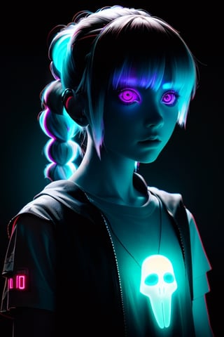 Photography, realistic,humanoid  ghostly, girl ghost,  glowing body spectrum, female,  Intricate phantom Features,  Scary Face,  Dreadlocked Hair,  Long Bangs,  Long Ponytail,  Neon Teal,  Dark neon Eyes,  Indian Art,Lofi,bigbyTWAS_soul3142,t0r3t0