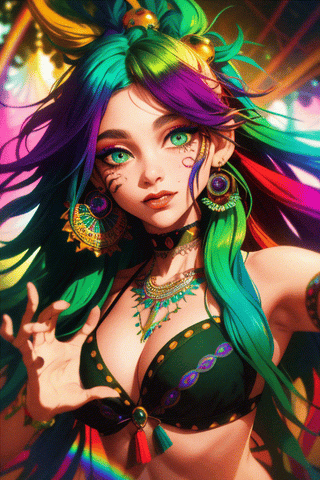 (bohemian chic),  (rainbow hair),  (wild hairstyle),  green_eyes,  enigmatic eyes,  psychedelic style custom,  (mysterious eyes),  top quality,  super detailed,  close-up,  dancing in the air,  (playful expression),  (carefree attitude),  enchanted forest background,  mystical atmosphere.