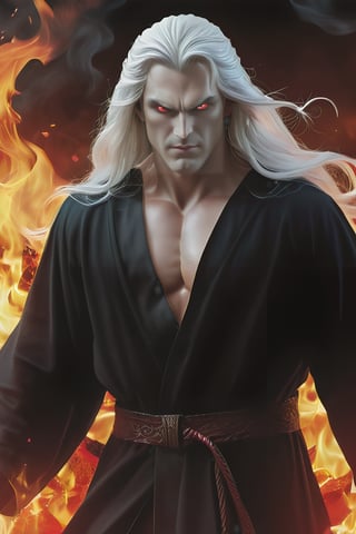 HD, highly detailed face, demon middle age man with dark robe, full body panned out view, masterpiece, hyperdetailed full body, hyperdetailed masculine face and nose, complete body view, ((hyperdetailed eyes)), perfect body, perfect anatomy, beautifully detailed face, white long hair, red eyes, pale white skin, standed on hell background surrounded by flames, illustration, hyperrealistic 