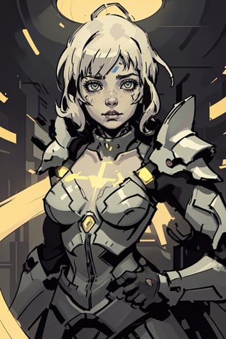 (best quality,  masterpiece),  aesthetic,  2 tone,  gold and black,  simplified shapes,  style of Overwatch game,  dark pop color,  a futuristic gold and red thick armor suit,  glowing body part,  glowing weapon laser canon,  light reflection,  vivid colors,  glittery light,  bokeh,  blurry_light_background, Movie Still,  neon light on armor , Mechanical part,  short white_hair,  ((neon_eyes)),  tattoos,  highly detailed,  ultra detailed,  very intricate,  surreal,  Kanji,  Katakana,shoka (twewy)