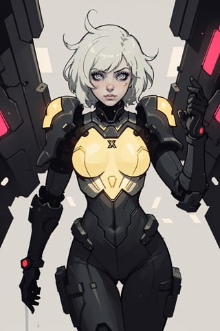 (best quality,  masterpiece),  aesthetic,  2 tone,  gold and black,  simplified shapes,  style of Overwatch game,  dark pop color,  a futuristic gold and red thick armor suit,  glowing body part,  glowing weapon laser canon,  light reflection,  vivid colors,  glittery light,  bokeh,  blurry_light_background, Movie Still,  neon light on armor , Mechanical part,  short white_hair,  ((neon_eyes)),  tattoos,  highly detailed,  ultra detailed,  very intricate,  surreal,  Kanji,  Katakana,shoka (twewy),Shadman,retro,inksketch,JAR