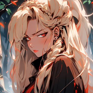(Hunter clothing),  (long blonde hair),  (braided hairstyle),  red_eyes,  bright eyes,  hunter style custom,  (Assassin's eyes),  sharpest quality,  extremely detailed,  high resolution, 1 girl,  (satisfied_expression),  (agresive_attitude),  dark forest background,  bright atmosphere.,1 girl,retro,yuzu