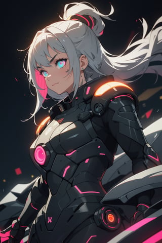 (best quality,  masterpiece),  aesthetic,  2 tone,  gold and black,  simplified shapes, visual novel  style,  dark pop color,  a futuristic black and red thick armor suit,  glowing body part,  glowing,  light reflection,  vivid colors,  glitch,  bokeh,  blurry_light_background,  Movie Still,  neon light on armor,  Mechanical part,  long silver hair,  ((neon_eyes)),  tattoos,  highly detailed,  ultra detailed,  very intricate,